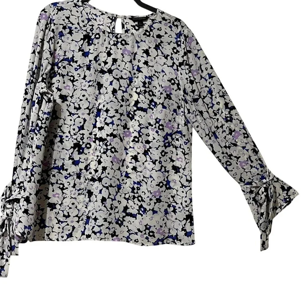 Banana Republic Womens Size L Floral Long Sleeve Blouse With Tie Cuffs - Picture 5 of 10